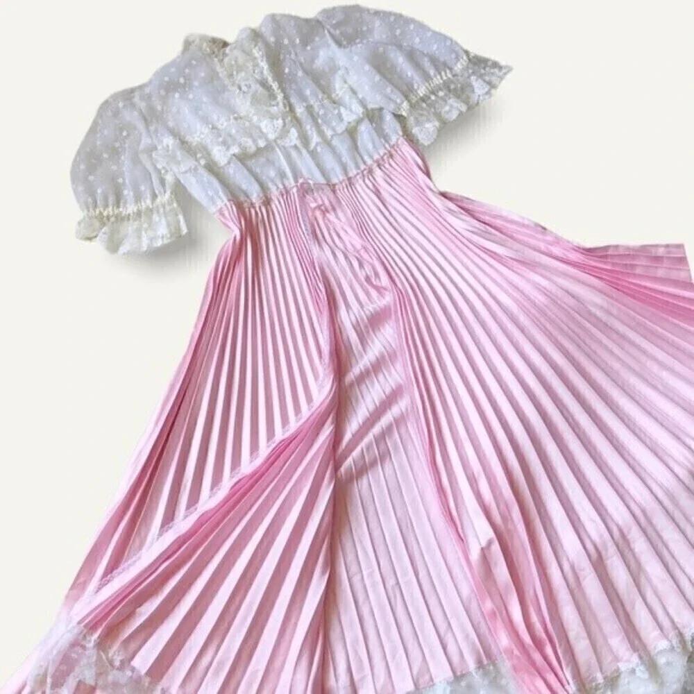 Vintage 70s Pink Satin Lace Peignoir Set Slip Dress & Robe Romantic Edwardian - Picture 9 of 16